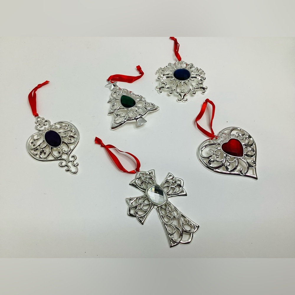 Lenox Bejeweled Silverplate Christmas Ornaments Set Of 5 Hanging Crystal Holiday